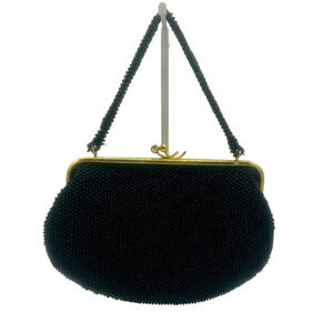 Vintage Beaded Handbag Purse Black Gold Hardware Kiss Lock Closure Evening Event